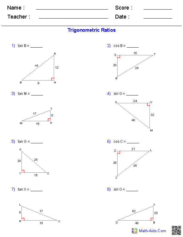 Trigonometric Ratios Worksheet 2 Answers