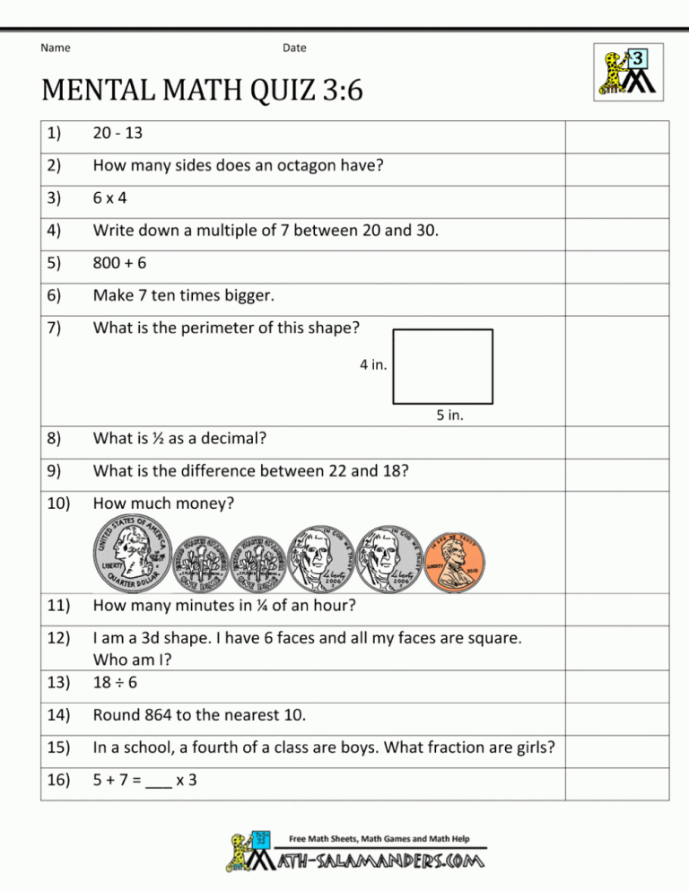 Mental Maths Quiz For Class 3 With Answers
