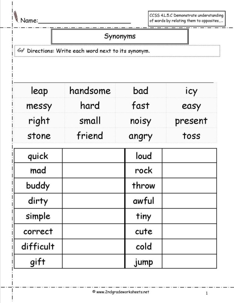 2nd Grade Synonyms Worksheet For Grade 2