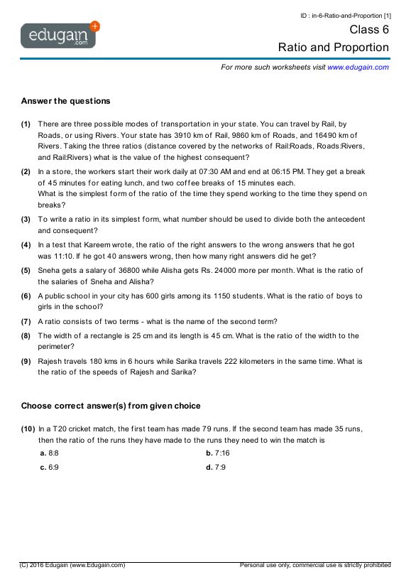 6th Grade Ratio And Proportion Class 6 Worksheet