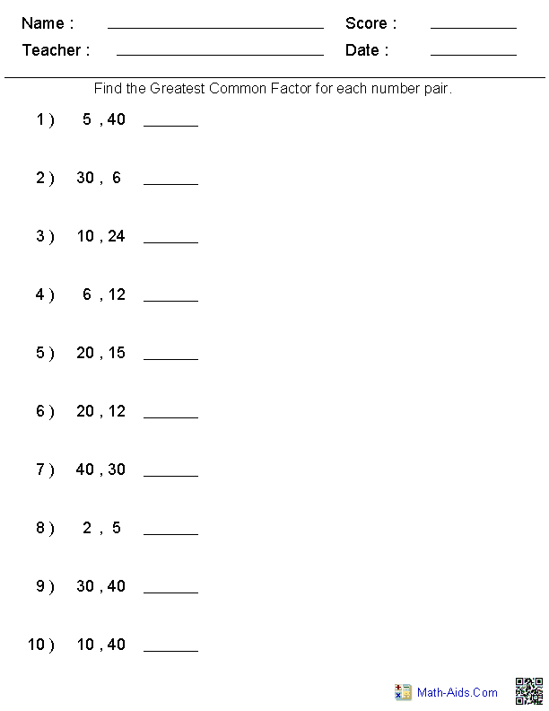 6th Grade Hcf By Prime Factorization Worksheet