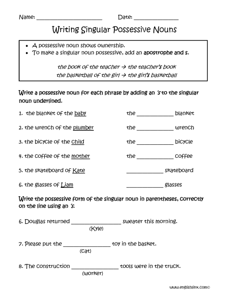 5th Grade Singular And Plural Possessive Nouns Worksheet