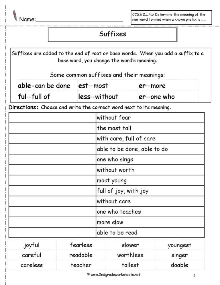 4th Grade Suffixes Worksheets Pdf