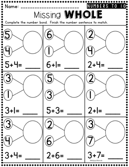 Kindergarten Blank Number Bonds Worksheets