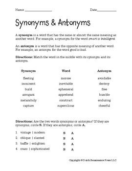 Grade 5 Synonyms And Antonyms Worksheets Pdf