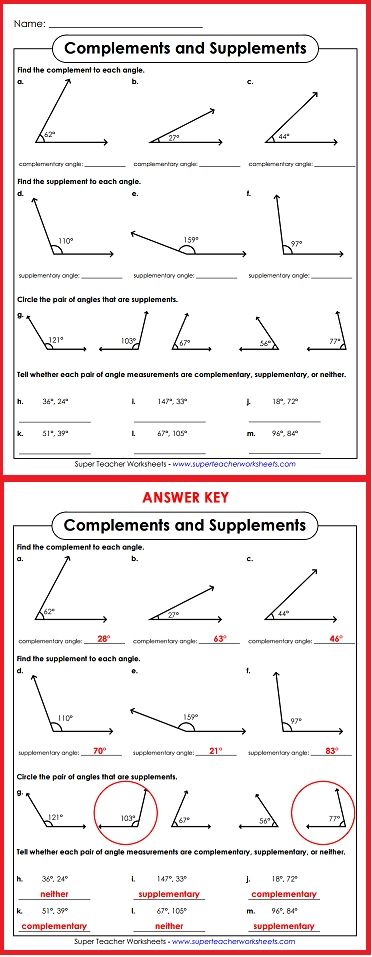 7th Grade Complementary Angles Worksheet