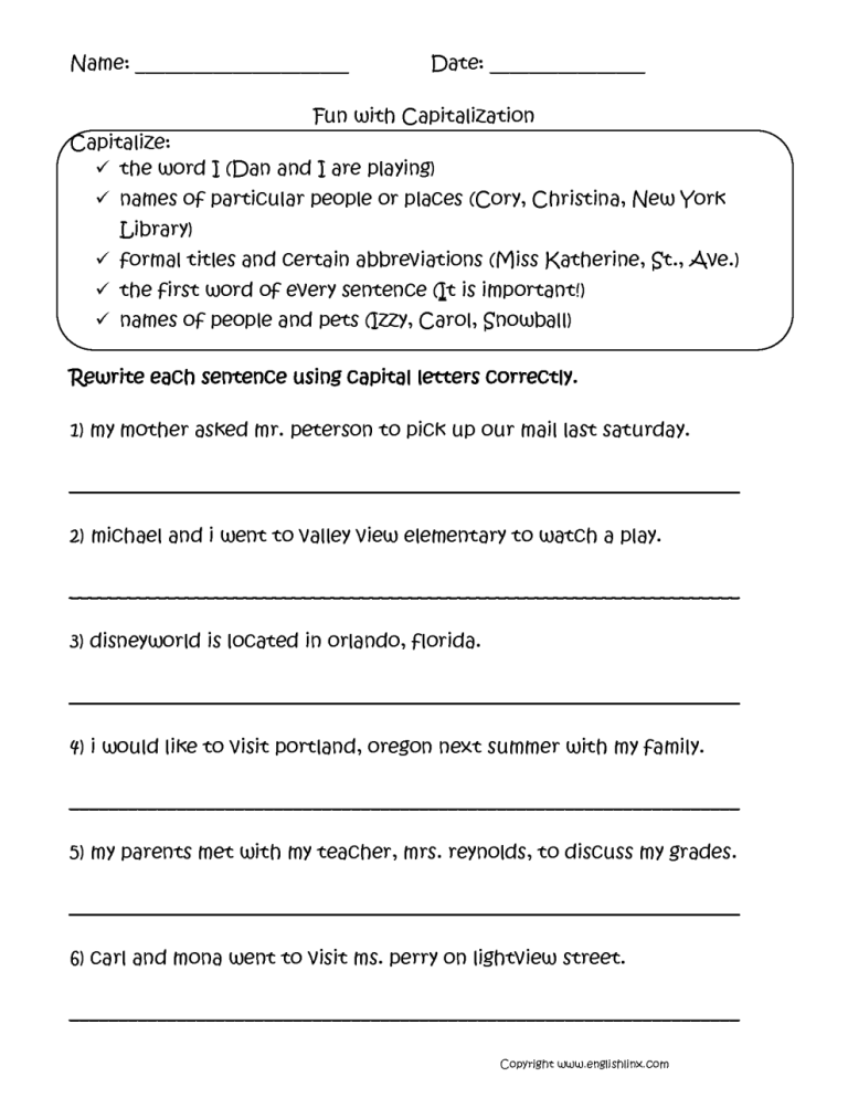 Capitalization Worksheets Pdf With Answers