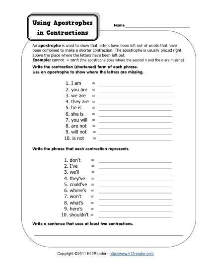Apostrophe Worksheets For Grade 4 With Answers