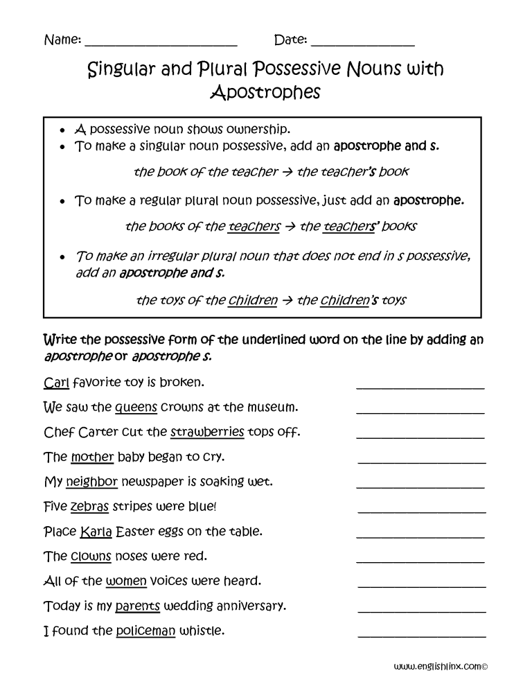 Answer Key Possessive Nouns Worksheets With Answers