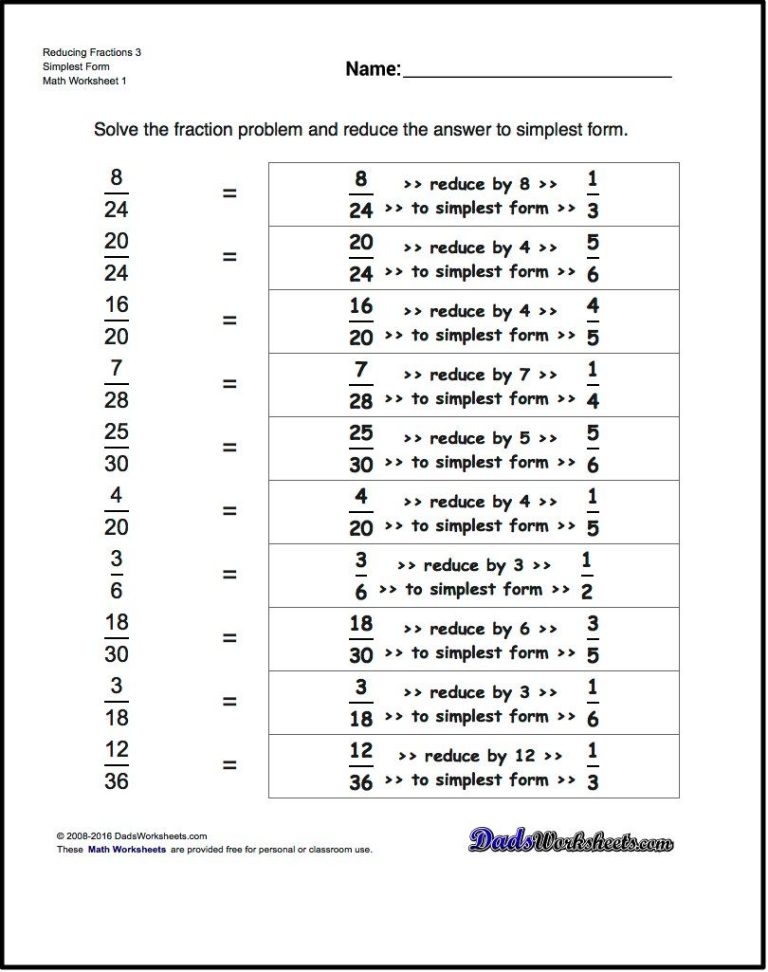 Reducing Fractions Worksheet Answer Key Math-aids.com