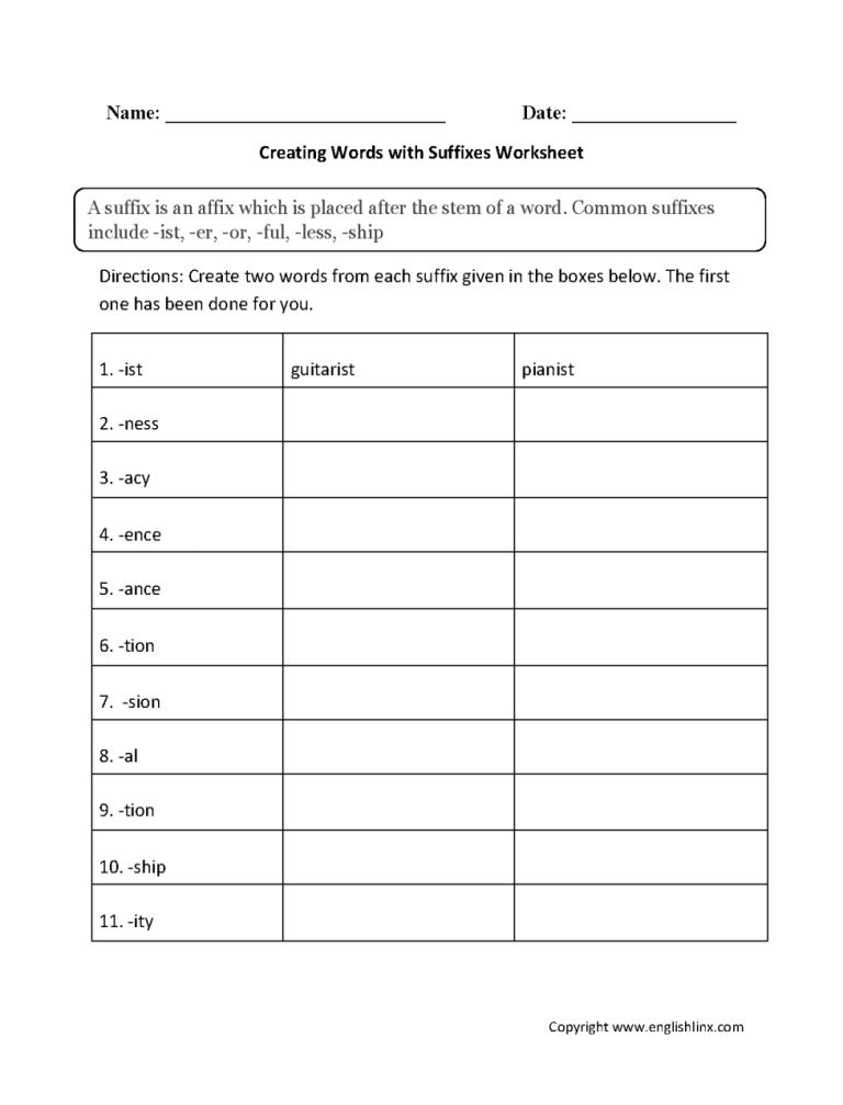 Suffixes Worksheets With Answers Pdf
