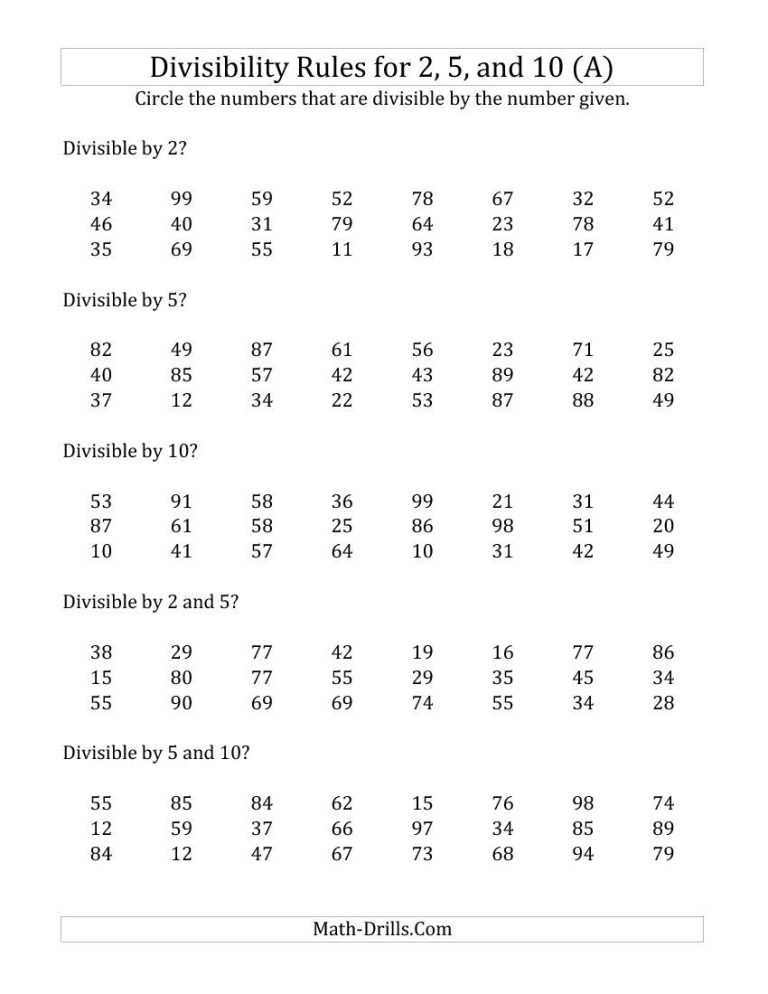 5th Grade Printable Divisibility Rules Worksheet