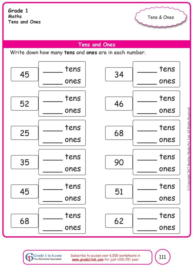 Tens And Ones Worksheets Grade 1 Free