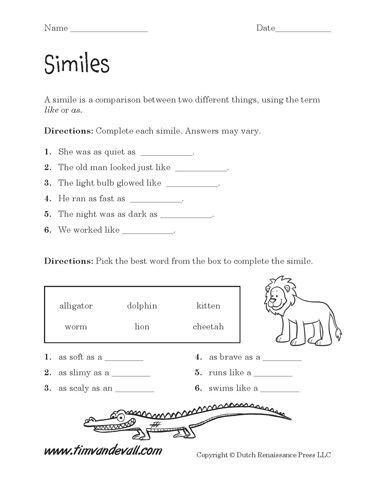 6th Grade Similes Worksheet