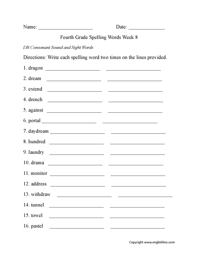4th Grade Spelling Activities Worksheets
