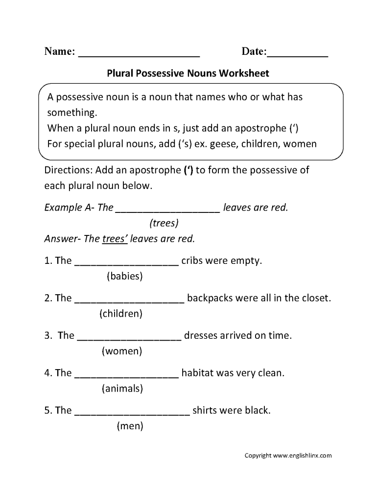 Fifth Grade Possessive Nouns Worksheets With Answers Pdf