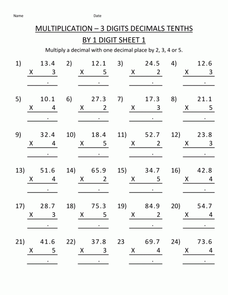 5th Grade Long Multiplication Worksheets With Answers