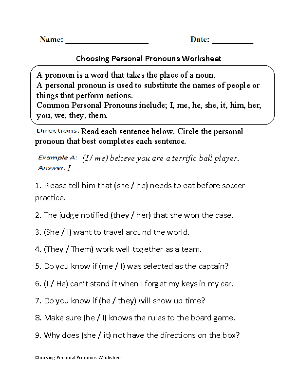 Subject Pronouns Worksheet 2 Answer Key