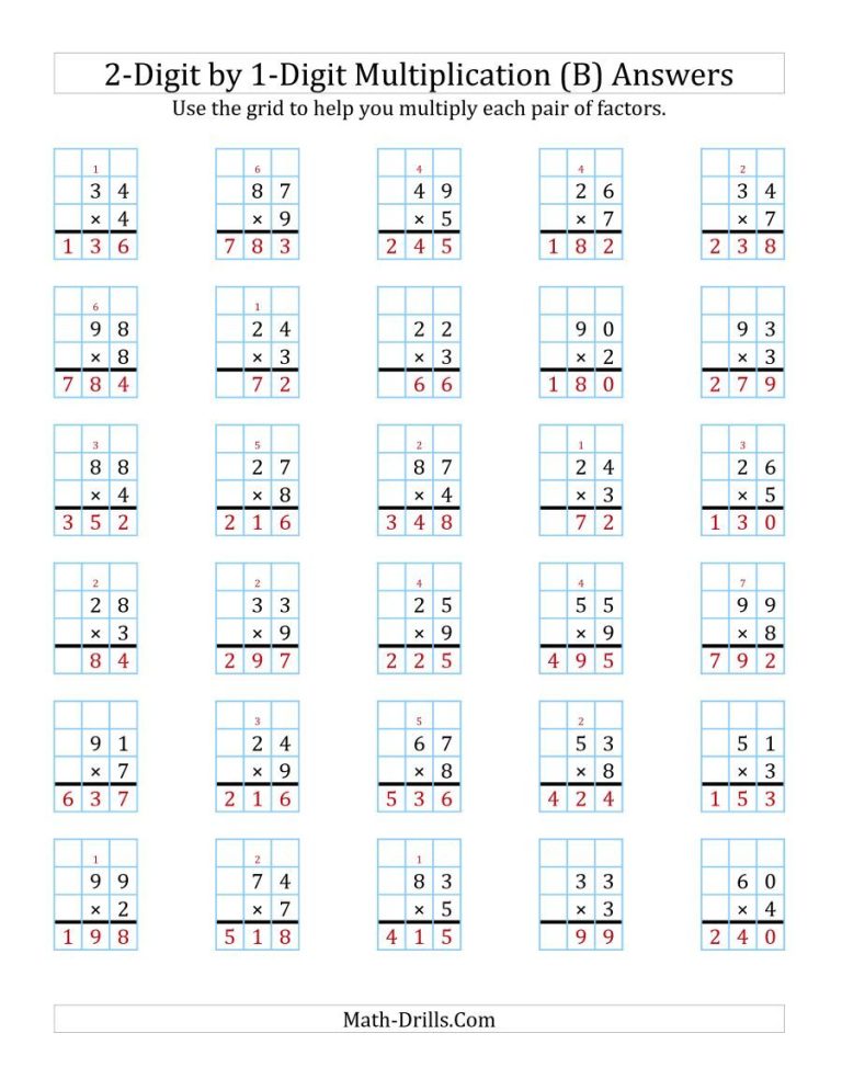 Math Drills 2 Digit By 2 Digit Multiplication With Grid