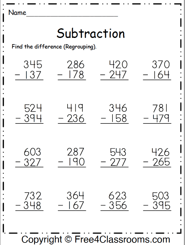 Free Subtraction Worksheet Regrouping Page 2 Answer Key