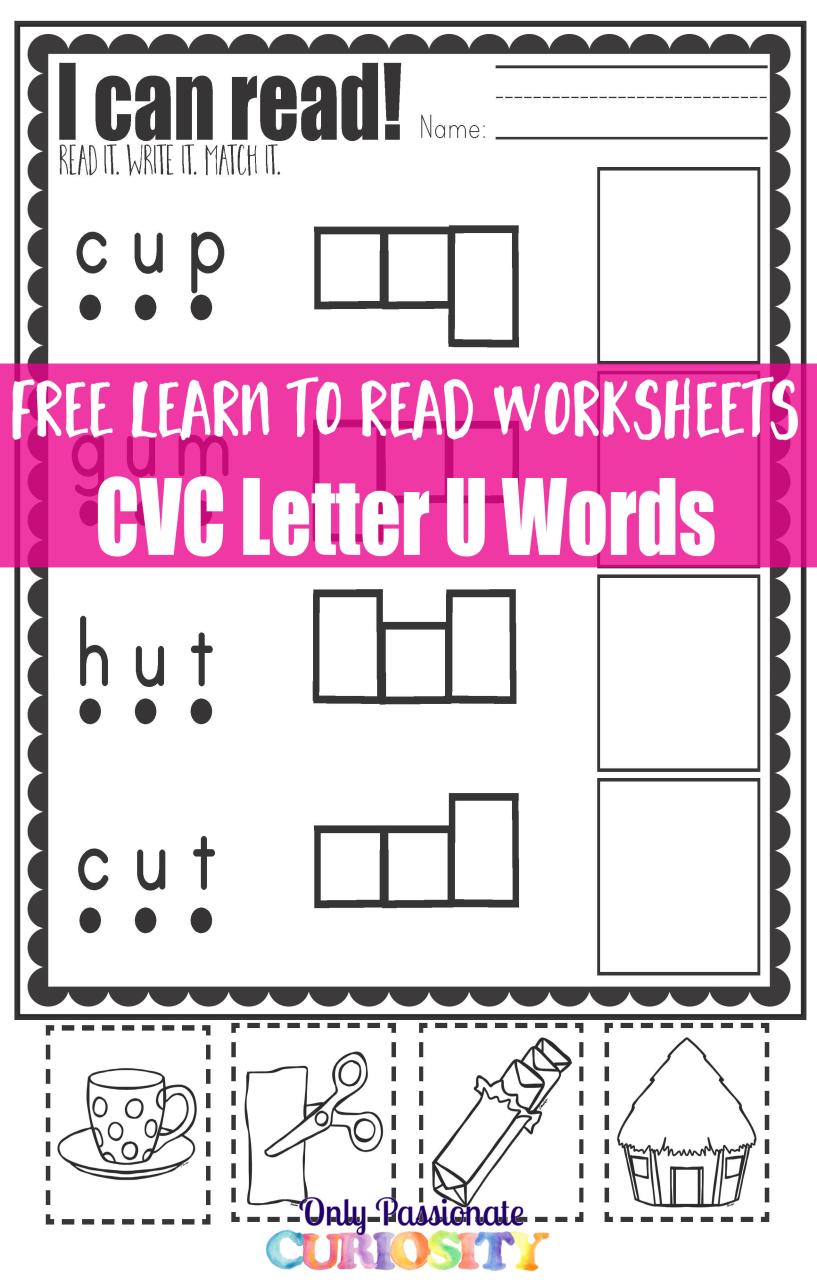 CVC Worksheets Cut and Paste Letter U Only Passionate Curiosity