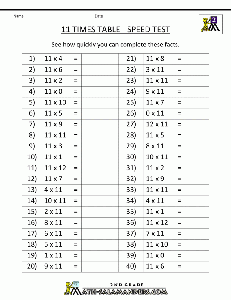Times Table Speed Test Printable