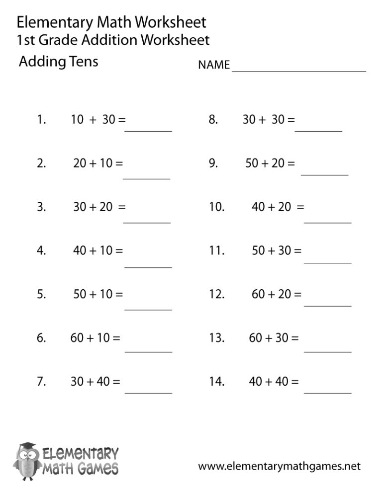 1st Grade Adding Tens And Ones Worksheets