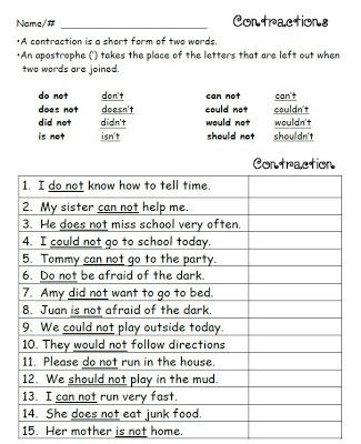 Free Printable Contractions Worksheet Pdf