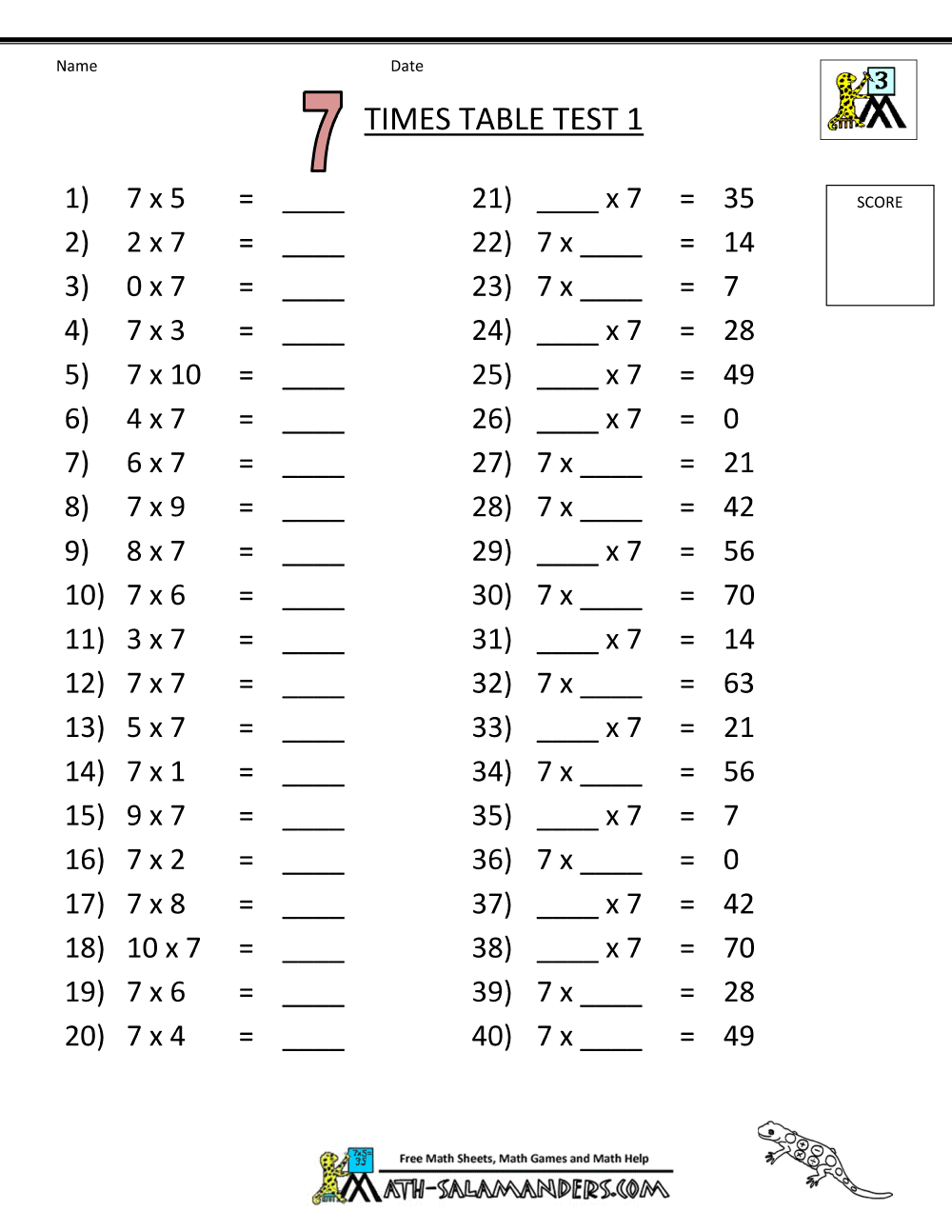 Printable Times Table Sheets Year 6