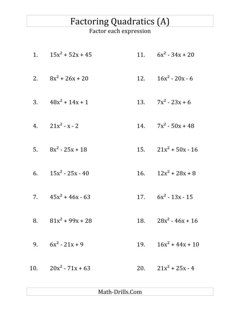 Factoring Quadratics Worksheet Pdf