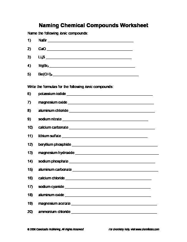 Answer Key Naming Chemical Compounds Worksheet