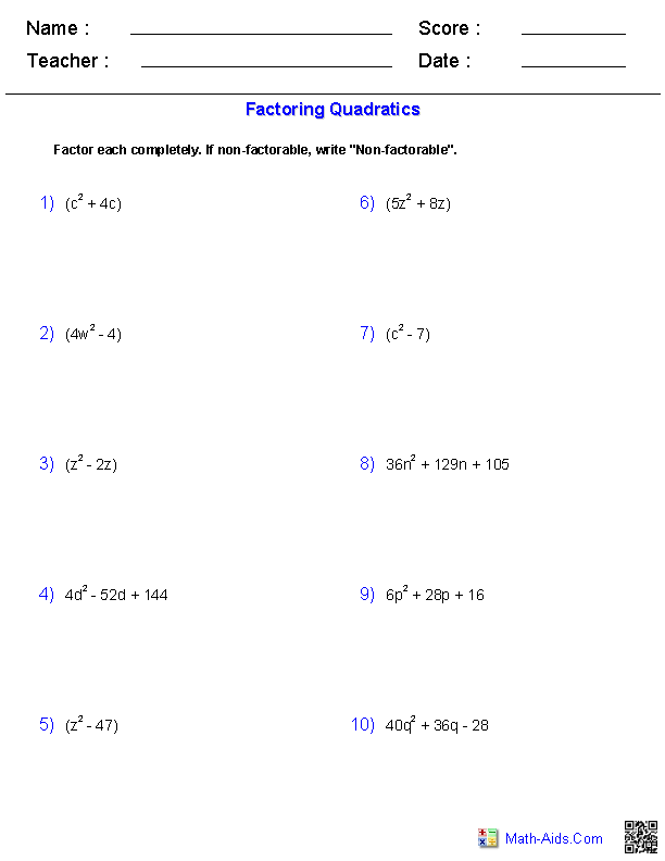 Practice Worksheet Factoring Quadratics Answers