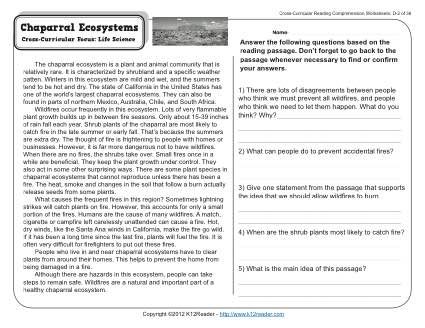 Reading Comprehension Free Printable Ecosystem Worksheets Pdf