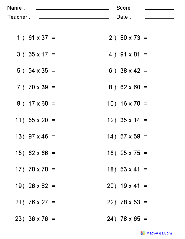 5th Grade Multiplication Facts Worksheets