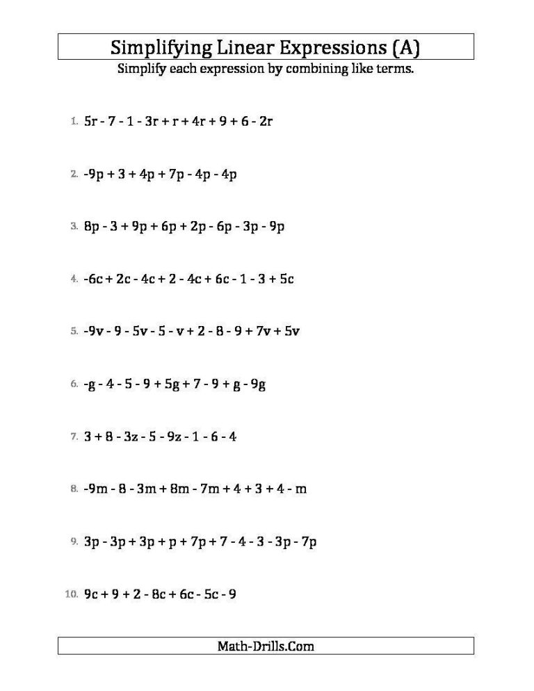 Simplifying Algebraic Expressions Worksheet Answer Key