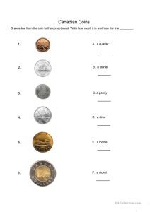 Canadian coins matching worksheet worksheet Free ESL printable