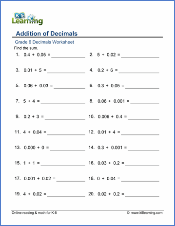 Adding Decimals Worksheet Pdf Grade 6