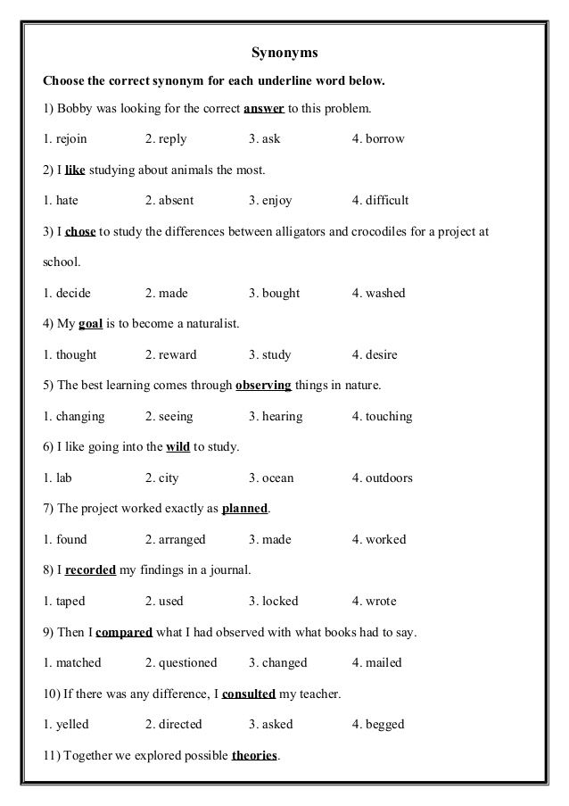 Synonyms Worksheet Grade 10