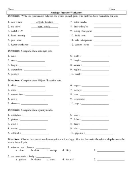 7th Grade Analogies Worksheet With Answer Key