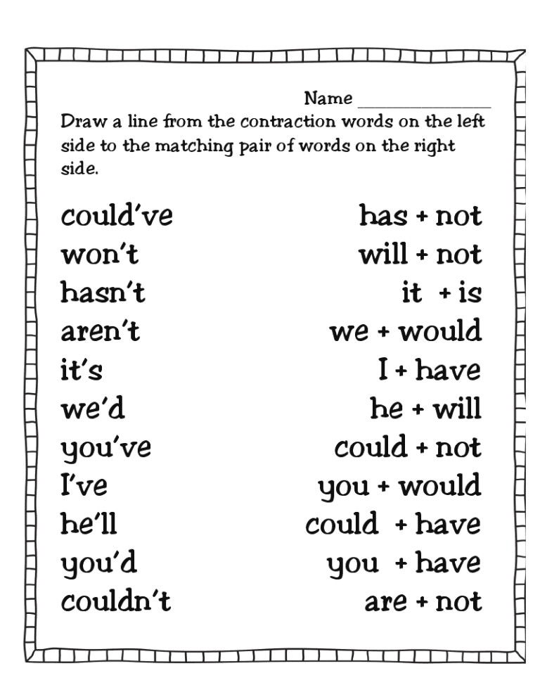 Contractions Words Worksheet Free