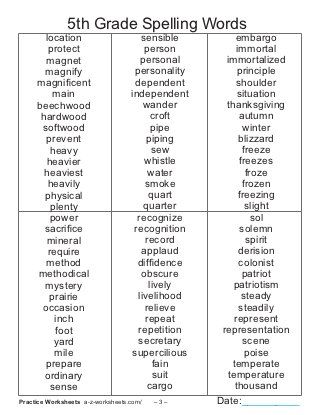 5th Grade Spelling Practice Worksheets