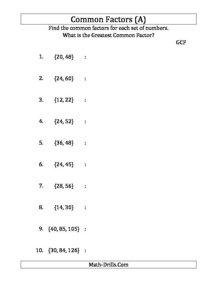6th Grade Greatest Common Factor Worksheets