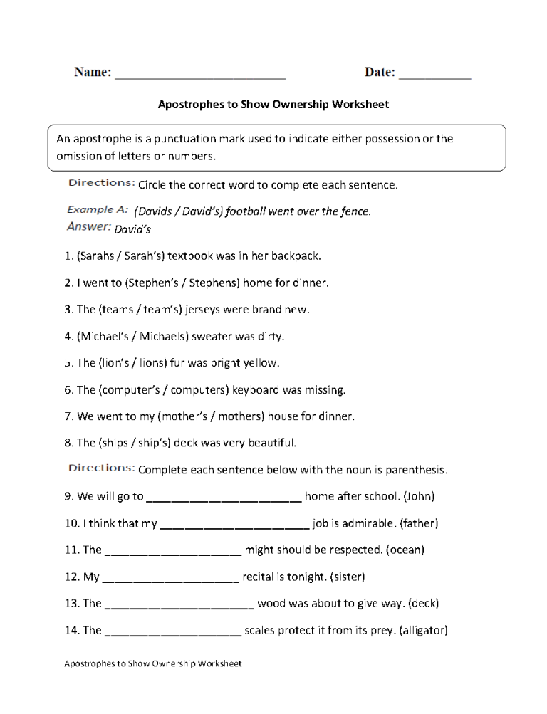 5th Grade Apostrophe Worksheets With Answer Key