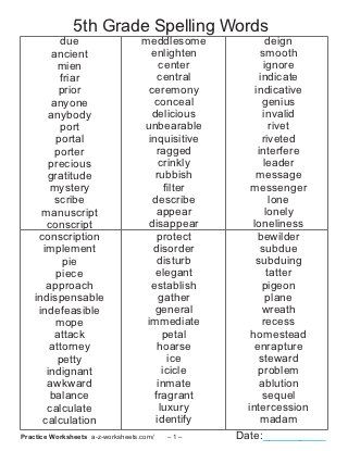 5th Grade Spelling Words Worksheets