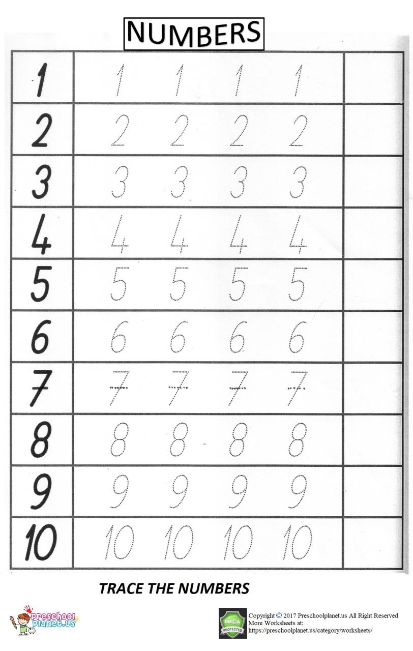 number trace worksheet for preschool