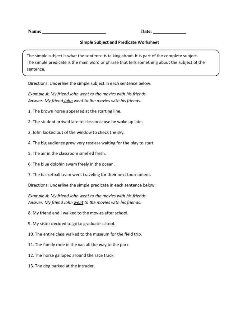 Subject Predicate Worksheet 3rd Grade Pdf