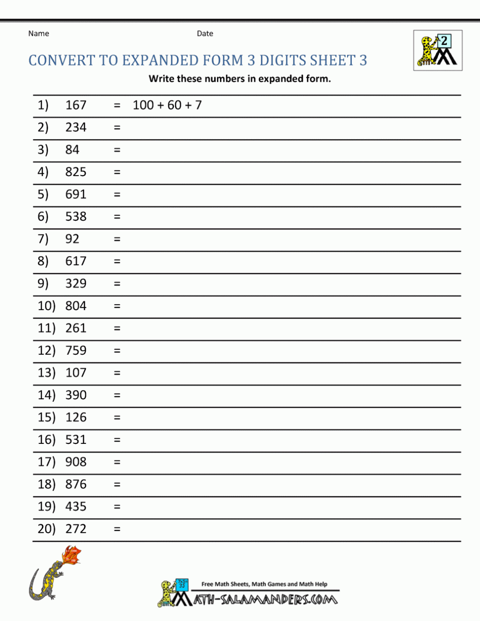 Names Writing Numbers In Words Worksheets Grade 3