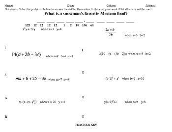 Answer Key Algebraic Expressions Worksheets With Answers