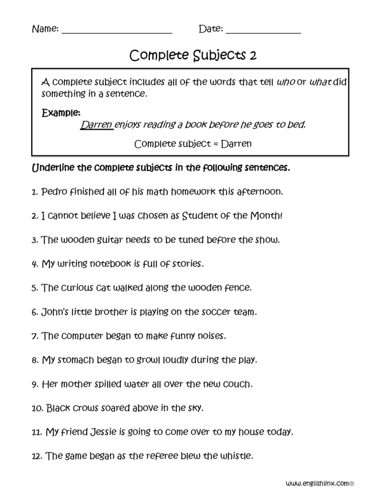 6th Grade Subject And Predicate Worksheet With Answers