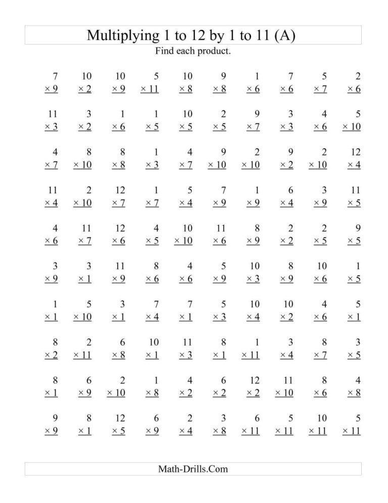 Multiplication Timed Test Printable 0-12 Free